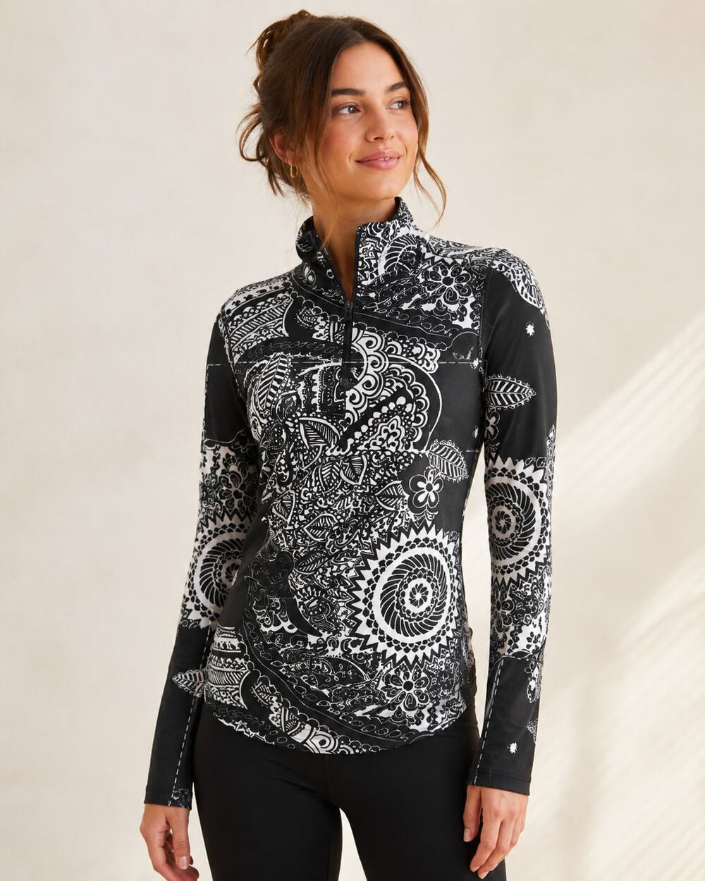 Athleta Quareter Zip Black White SZM Paisley Athletic Running Top